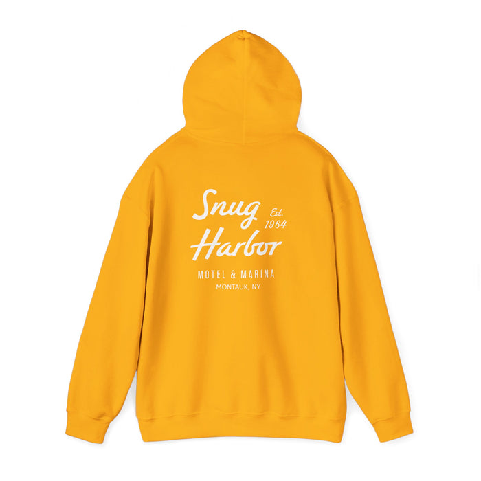 Snug Harbor Motel & Marina Hoodie | Retro Script Logo Pullover (white logo)