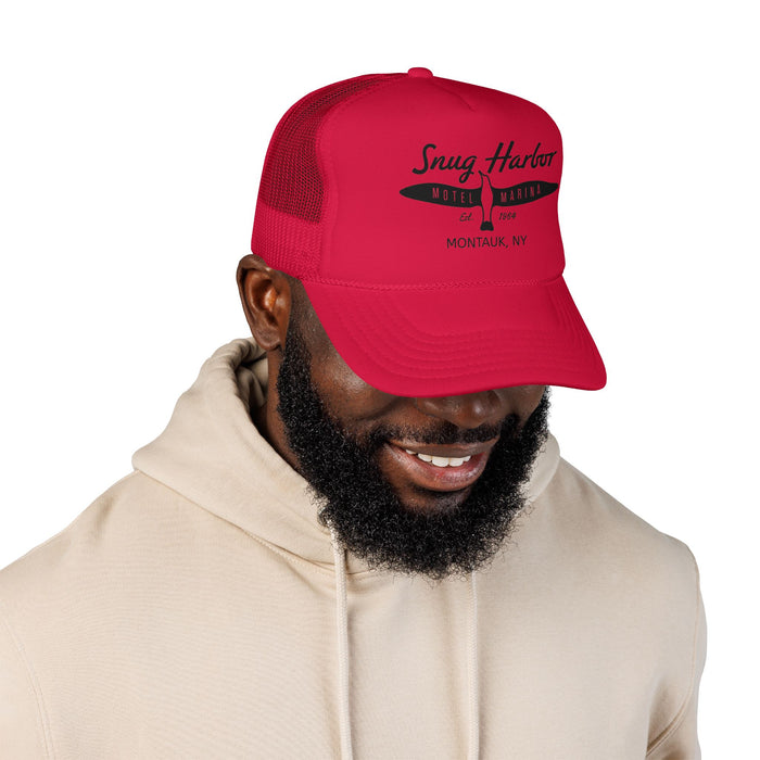 Snug Harbor Surfboard Trucker Hat — Retro Coastal Beach Cap