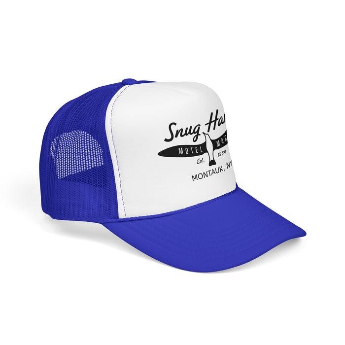 Snug Harbor Surfboard Trucker Hat — Retro Coastal Beach Cap