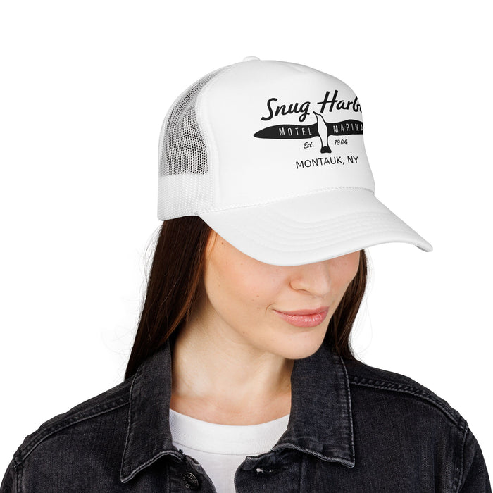 Snug Harbor Surfboard Trucker Hat — Retro Coastal Beach Cap