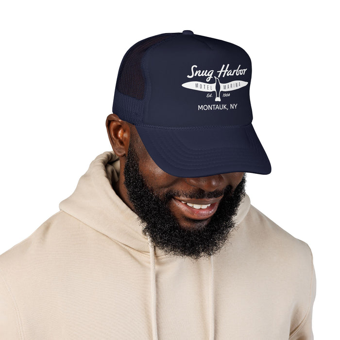 Snug Harbor Surfboard Trucker Hat — Retro Beach Cap