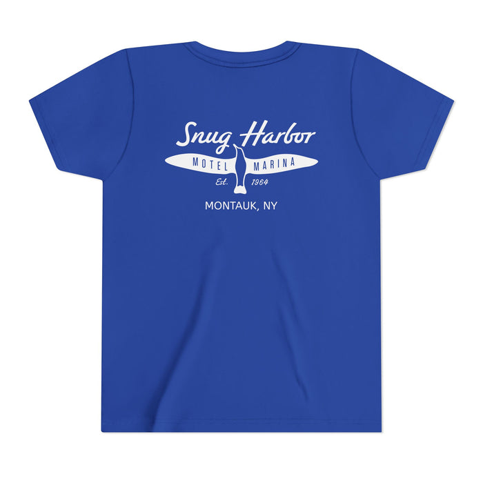 Snug Harbor Motel Marina Youth Tee | Vintage Boat Logo, Nautical Kids Shirt (white logo)
