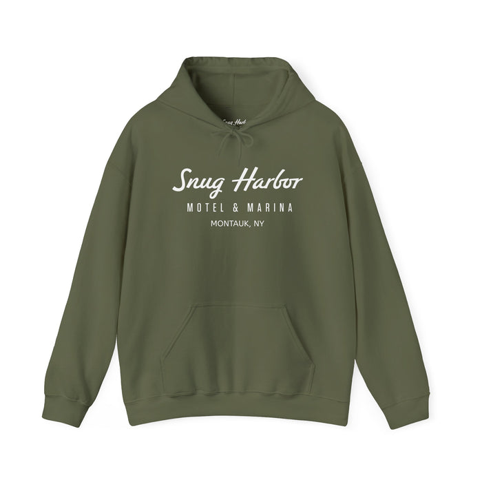 Snug Harbor Motel & Marina Hoodie | Retro Script Logo Pullover (white logo)