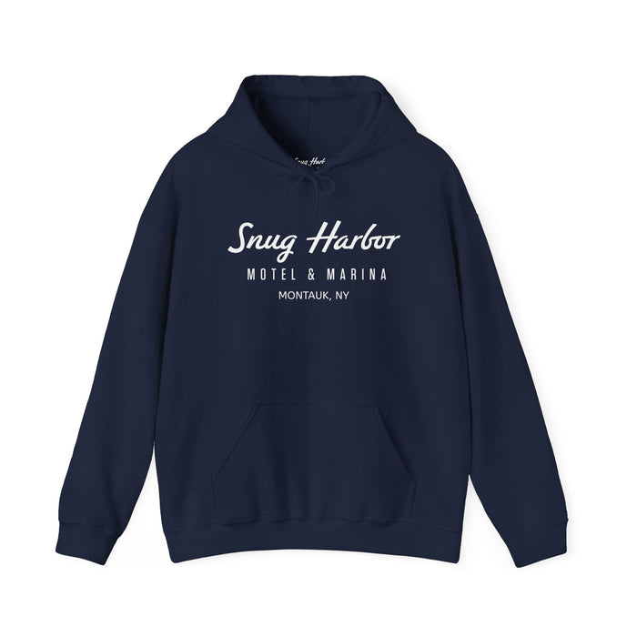 Snug Harbor Motel & Marina Hoodie | Retro Script Logo Pullover (white logo)