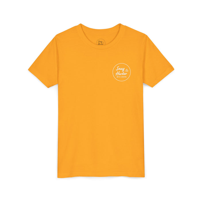 Snug Harbor Motel Marina Youth Tee | Vintage Boat Logo, Nautical Kids Shirt (white logo)