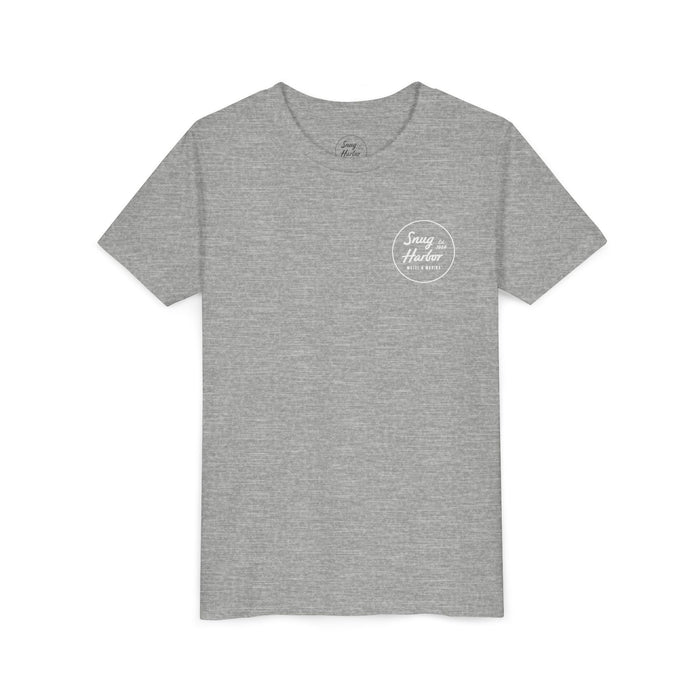 Snug Harbor Motel Marina Youth Tee | Vintage Boat Logo, Nautical Kids Shirt (white logo)