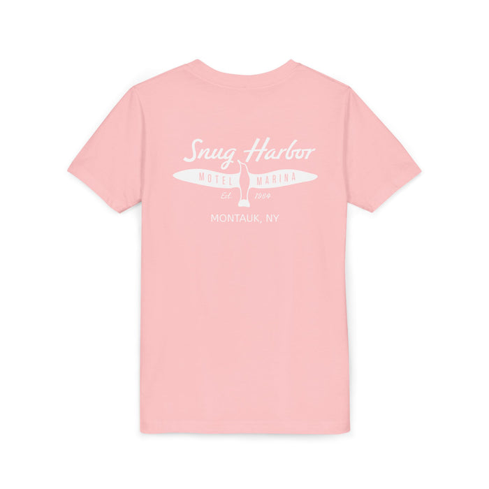Snug Harbor Motel Marina Youth Tee | Vintage Boat Logo, Nautical Kids Shirt (white logo)