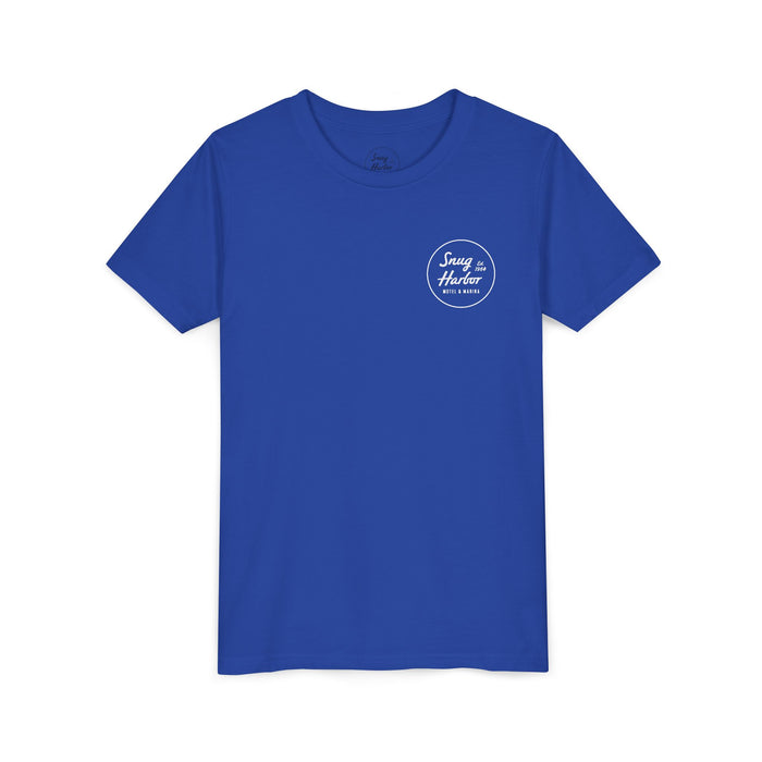 Snug Harbor Motel Marina Youth Tee | Vintage Boat Logo, Nautical Kids Shirt (white logo)