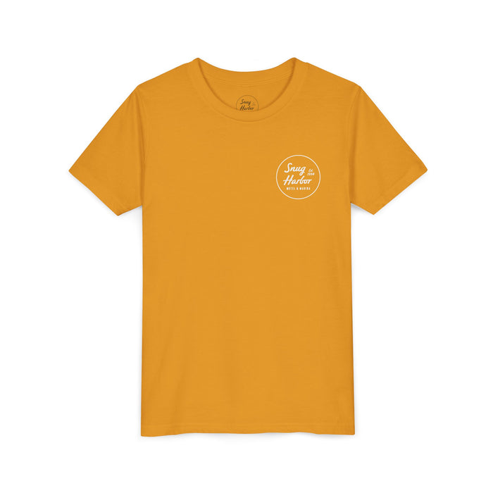 Snug Harbor Motel Marina Youth Tee | Vintage Boat Logo, Nautical Kids Shirt (white logo)
