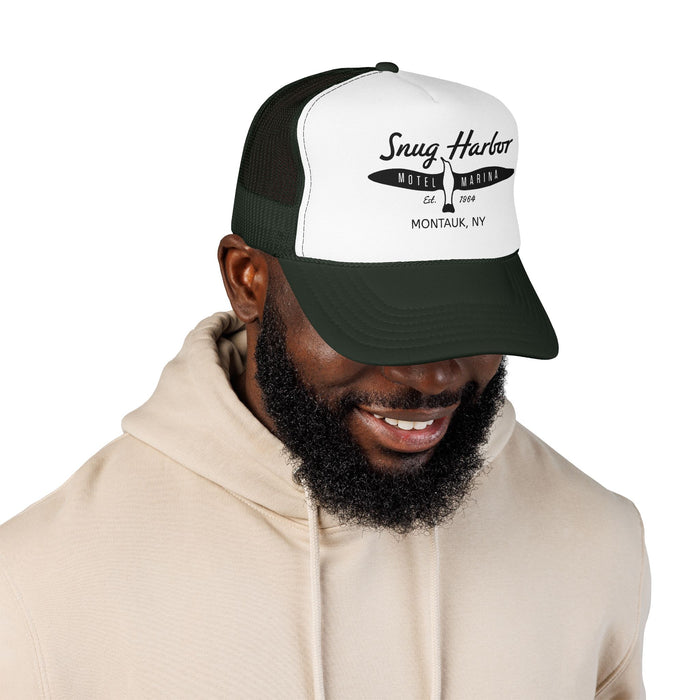 Snug Harbor Surfboard Trucker Hat — Retro Coastal Beach Cap