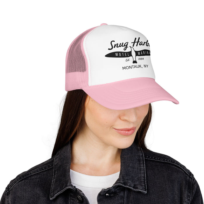 Snug Harbor Surfboard Trucker Hat — Retro Coastal Beach Cap