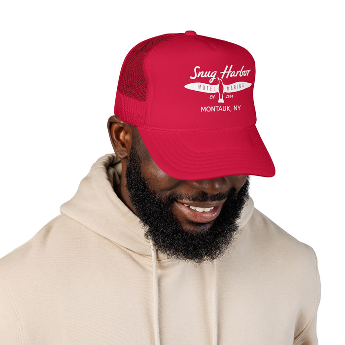 Snug Harbor Surfboard Trucker Hat — Retro Beach Cap