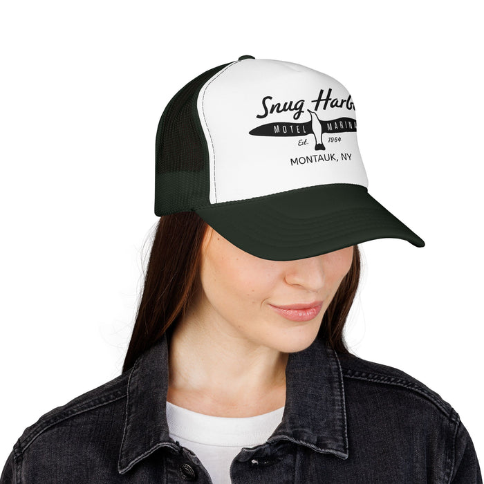 Snug Harbor Surfboard Trucker Hat — Retro Coastal Beach Cap