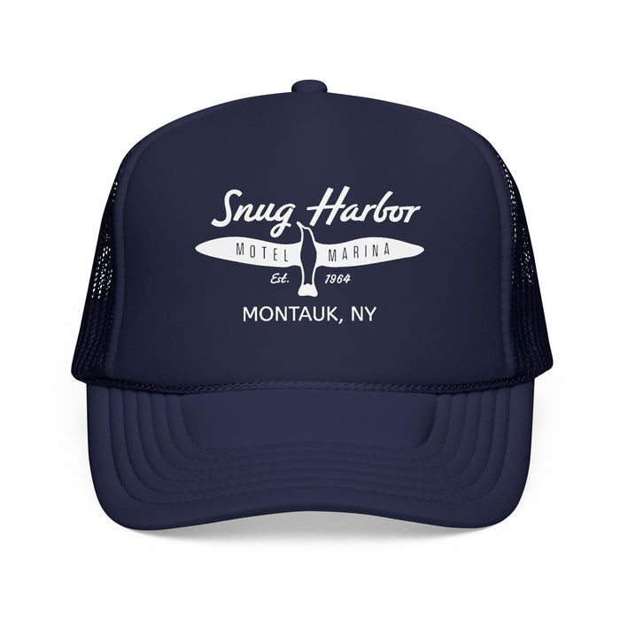 Snug Harbor Surfboard Trucker Hat — Retro Beach Cap