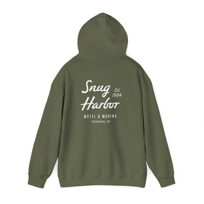Snug Harbor Motel & Marina Hoodie | Retro Script Logo Pullover (white logo)