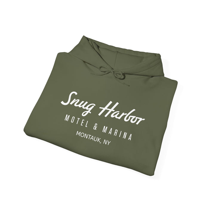Snug Harbor Motel & Marina Hoodie | Retro Script Logo Pullover (white logo)