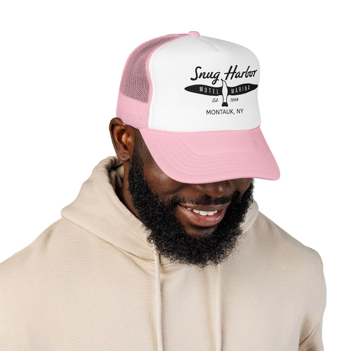 Snug Harbor Surfboard Trucker Hat — Retro Coastal Beach Cap