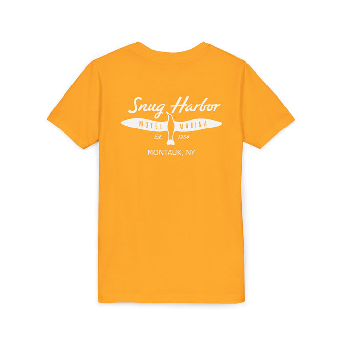 Snug Harbor Motel Marina Youth Tee | Vintage Boat Logo, Nautical Kids Shirt (white logo)