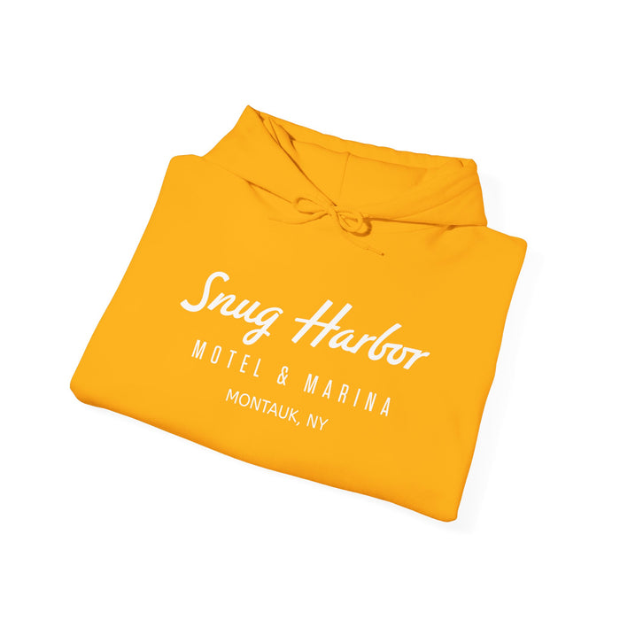 Snug Harbor Motel & Marina Hoodie | Retro Script Logo Pullover (white logo)
