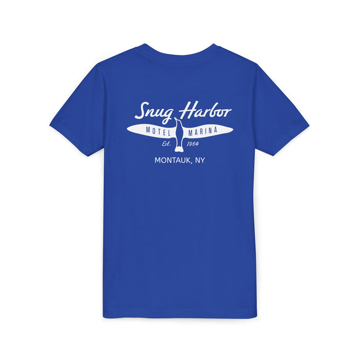 Snug Harbor Motel Marina Youth Tee | Vintage Boat Logo, Nautical Kids Shirt (white logo)