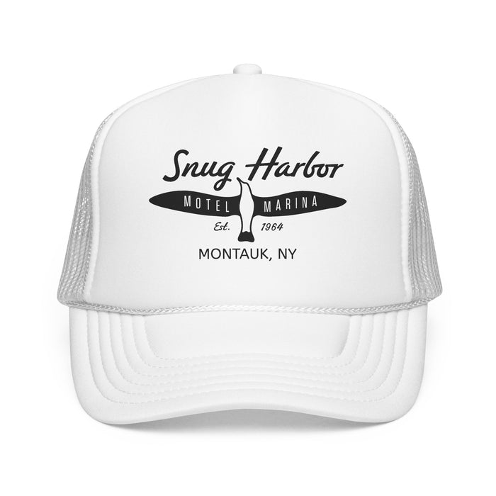 Snug Harbor Surfboard Trucker Hat — Retro Coastal Beach Cap