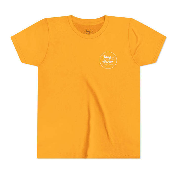 Snug Harbor Motel Marina Youth Tee | Vintage Boat Logo, Nautical Kids Shirt (white logo)