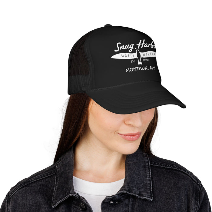 Snug Harbor Surfboard Trucker Hat — Retro Beach Cap