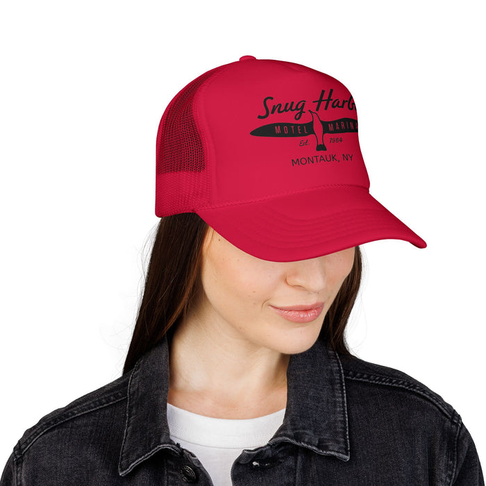 Snug Harbor Surfboard Trucker Hat — Retro Coastal Beach Cap