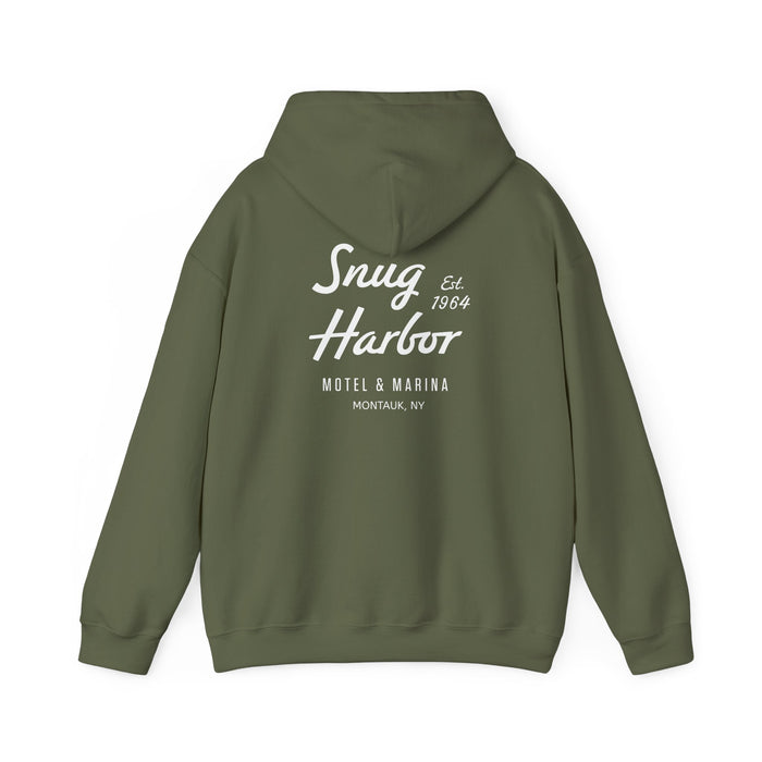 Snug Harbor Motel & Marina Hoodie | Retro Script Logo Pullover (white logo)