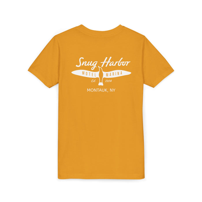 Snug Harbor Motel Marina Youth Tee | Vintage Boat Logo, Nautical Kids Shirt (white logo)