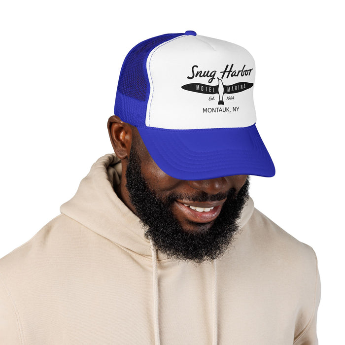 Snug Harbor Surfboard Trucker Hat — Retro Coastal Beach Cap