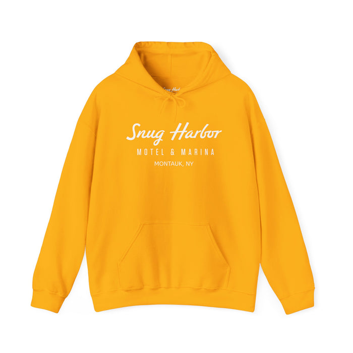 Snug Harbor Motel & Marina Hoodie | Retro Script Logo Pullover (white logo)
