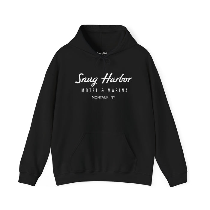 Snug Harbor Motel & Marina Hoodie | Retro Script Logo Pullover (white logo)