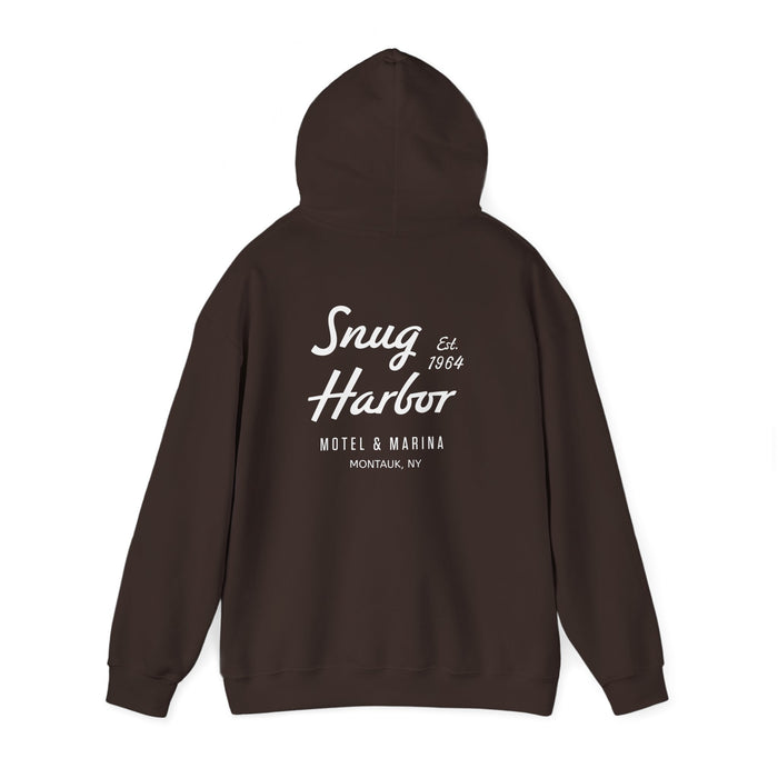 Snug Harbor Motel & Marina Hoodie | Retro Script Logo Pullover (white logo)