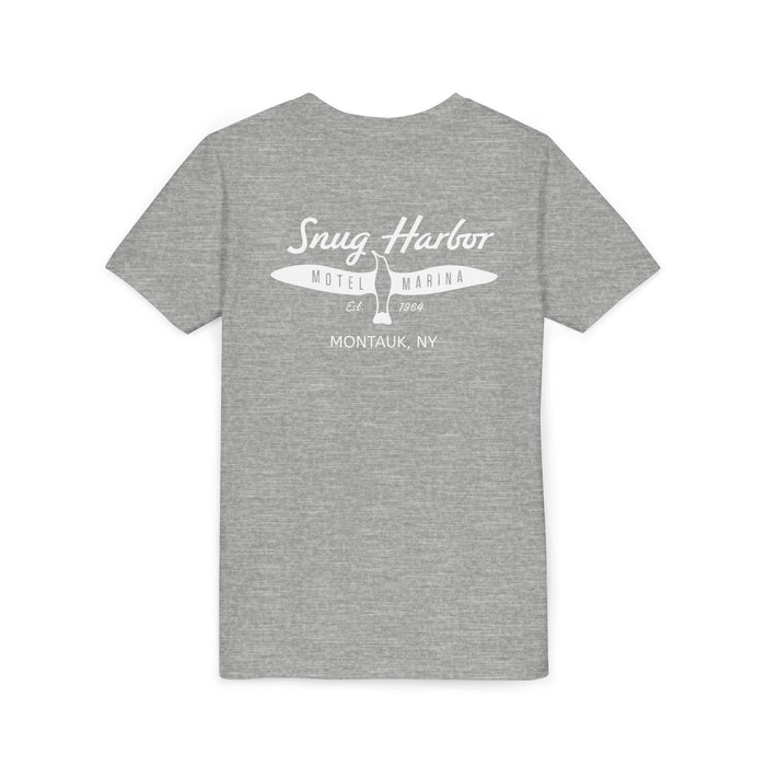 Snug Harbor Motel Marina Youth Tee | Vintage Boat Logo, Nautical Kids Shirt (white logo)