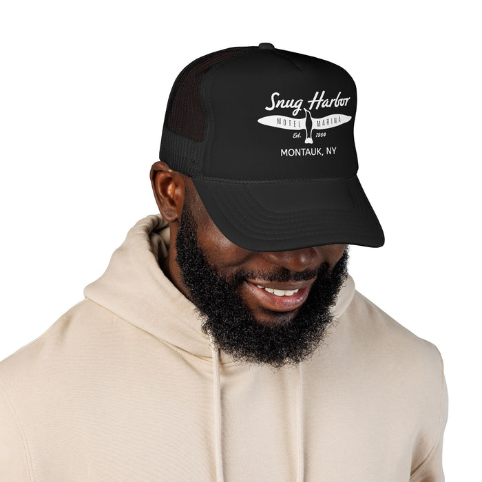 Snug Harbor Surfboard Trucker Hat — Retro Beach Cap