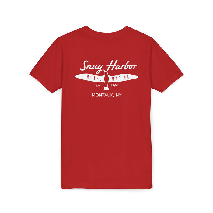 Snug Harbor Motel Marina Youth Tee | Vintage Boat Logo, Nautical Kids Shirt (white logo)
