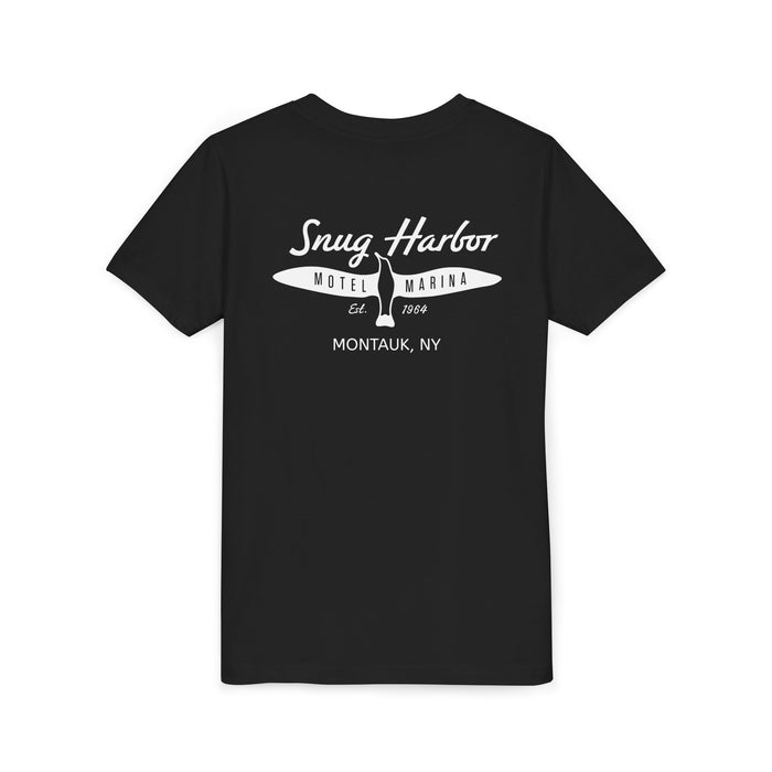 Snug Harbor Motel Marina Youth Tee | Vintage Boat Logo, Nautical Kids Shirt (white logo)