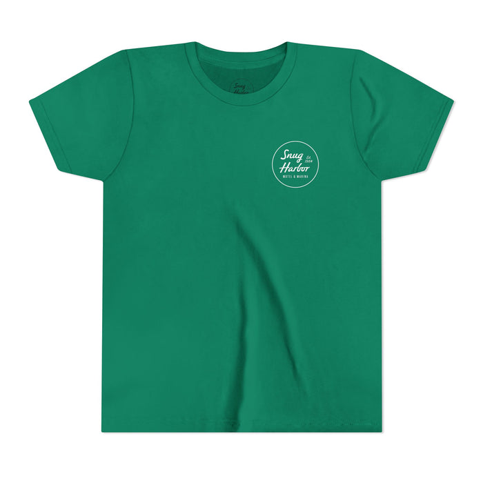 Snug Harbor Motel Marina Youth Tee | Vintage Boat Logo, Nautical Kids Shirt (white logo)