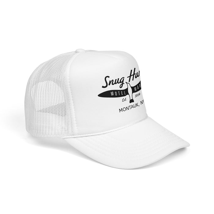 Snug Harbor Surfboard Trucker Hat — Retro Coastal Beach Cap