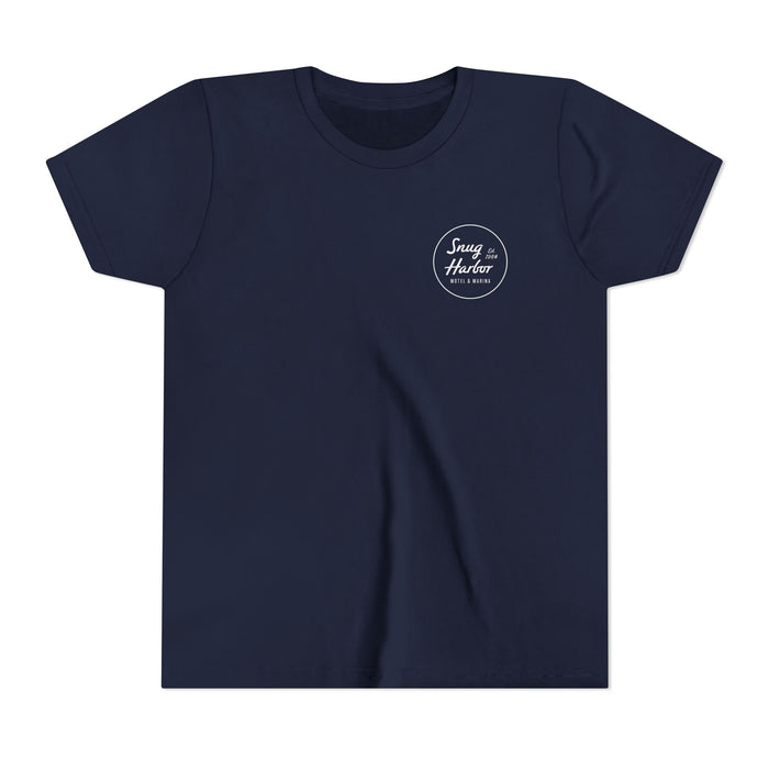 Snug Harbor Motel Marina Youth Tee | Vintage Boat Logo, Nautical Kids Shirt (white logo)