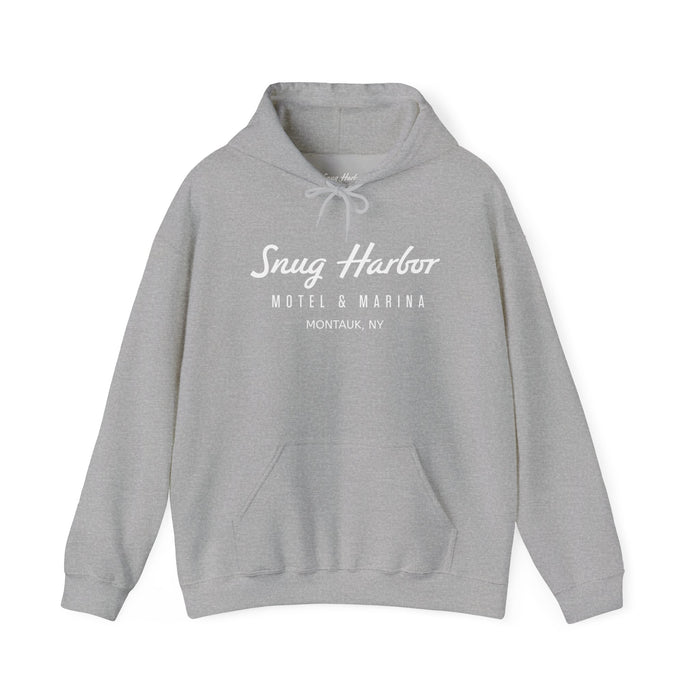 Snug Harbor Motel & Marina Hoodie | Retro Script Logo Pullover (white logo)
