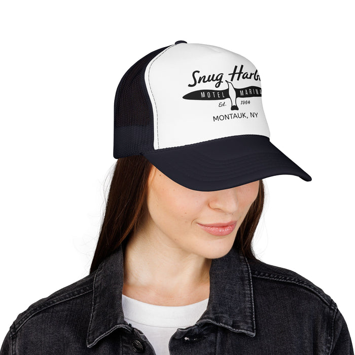 Snug Harbor Surfboard Trucker Hat — Retro Coastal Beach Cap