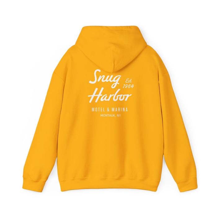 Snug Harbor Motel & Marina Hoodie | Retro Script Logo Pullover (white logo)
