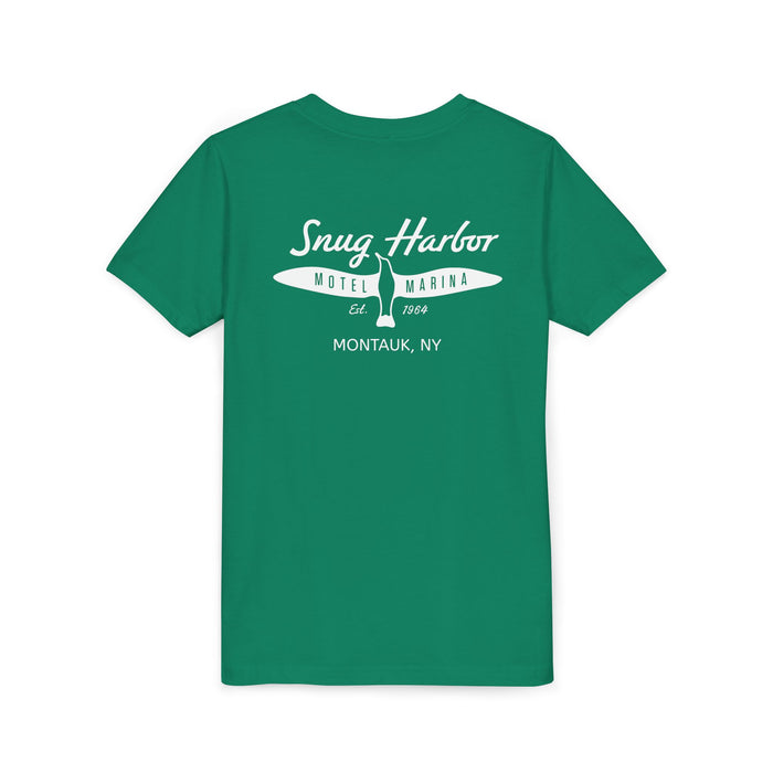 Snug Harbor Motel Marina Youth Tee | Vintage Boat Logo, Nautical Kids Shirt (white logo)