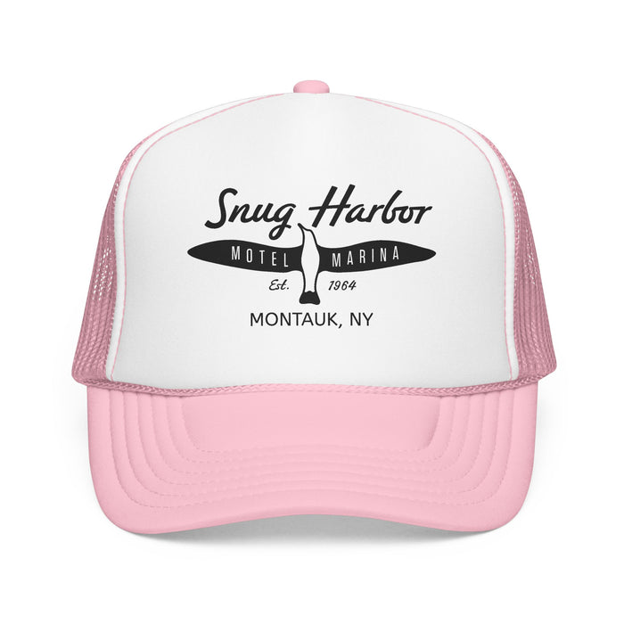 Snug Harbor Surfboard Trucker Hat — Retro Coastal Beach Cap