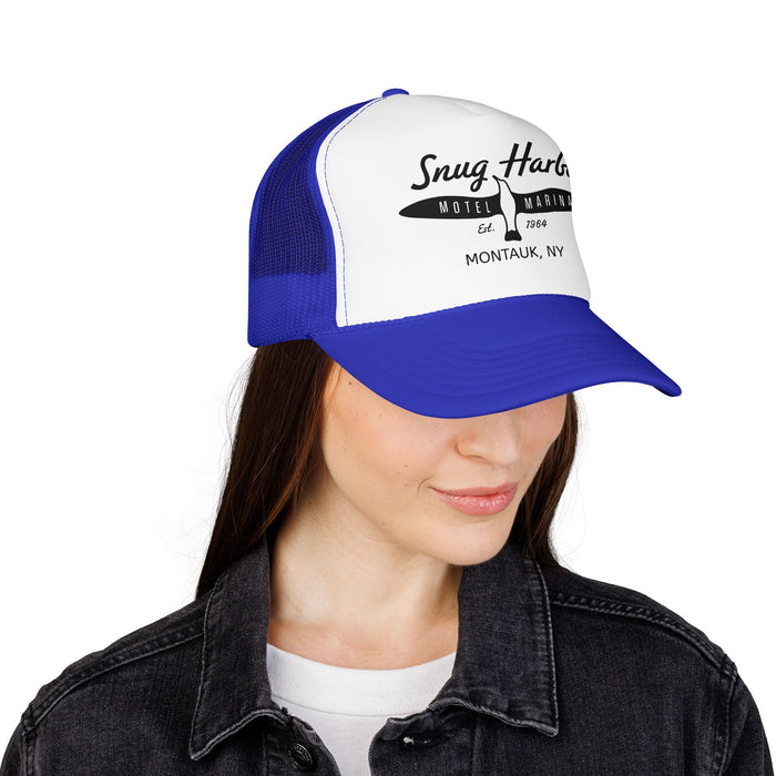 Snug Harbor Surfboard Trucker Hat — Retro Coastal Beach Cap