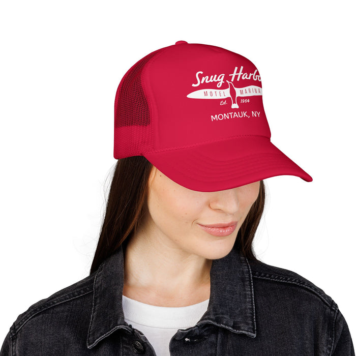 Snug Harbor Surfboard Trucker Hat — Retro Beach Cap