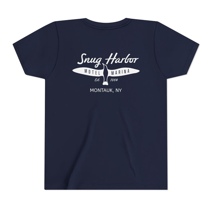 Snug Harbor Motel Marina Youth Tee | Vintage Boat Logo, Nautical Kids Shirt (white logo)