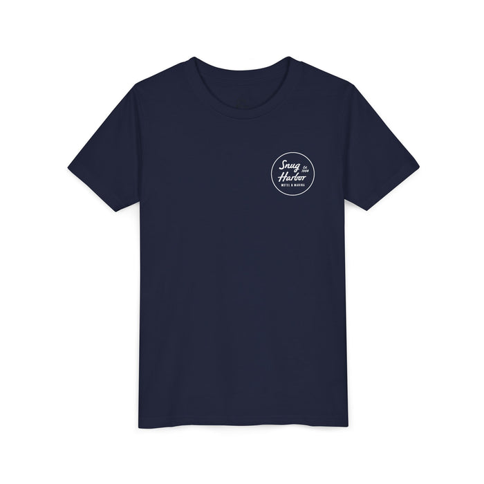 Snug Harbor Motel Marina Youth Tee | Vintage Boat Logo, Nautical Kids Shirt (white logo)